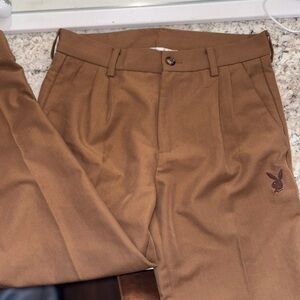 PLAYBOY Men's Tan Dress Pants with Embroidered Bunny